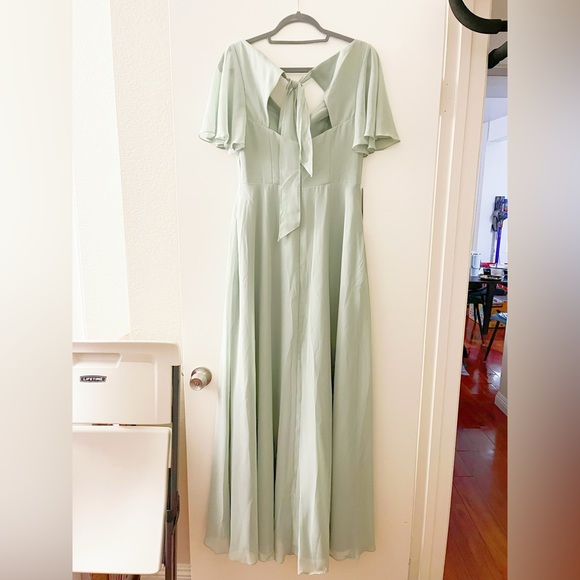 Azazie Kimber A-Line Ruched Chiffon Floor Length Maxi Dress in Agave - Picture 9 of 9